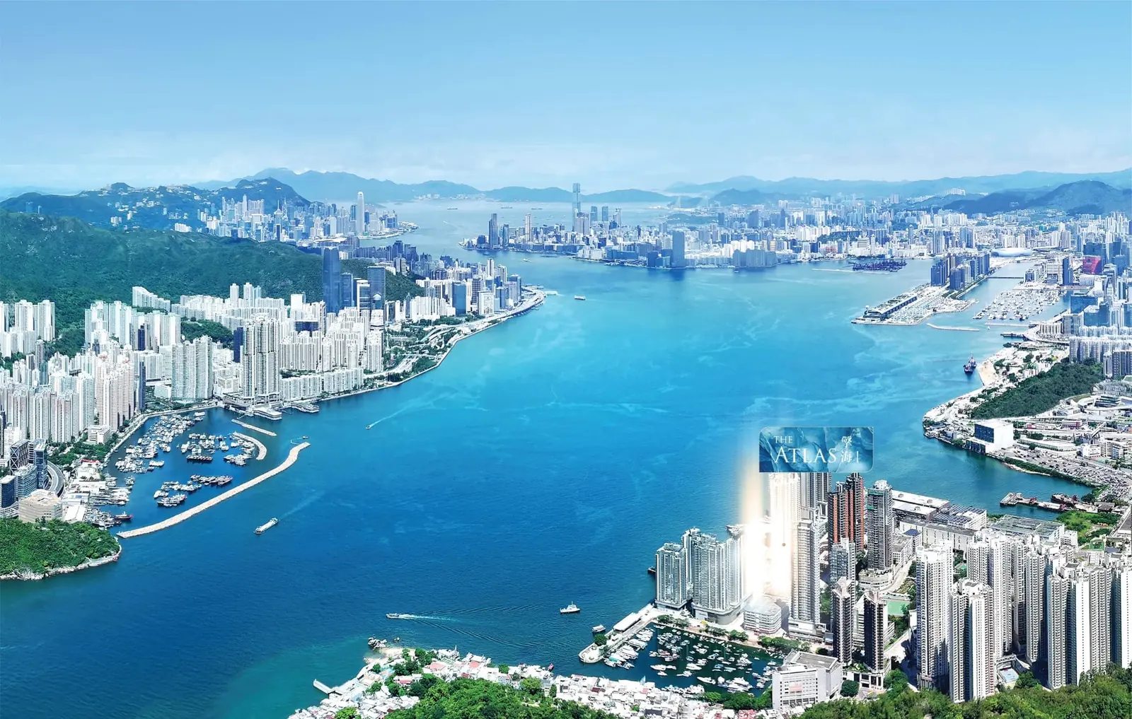 擎海 THE ATLAS 位於油塘海濱,前方為維多利亞港東端(鳥瞰效果圖)